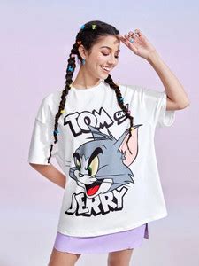 TOM AND JERRY by DreamBe Printed Women Round Neck White T-Shirt - Buy ...