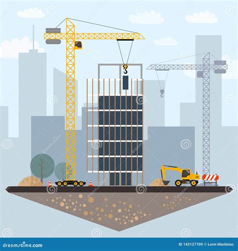 Construction Site Clip Art with Buildings, Crane, Excavator, Stock ...