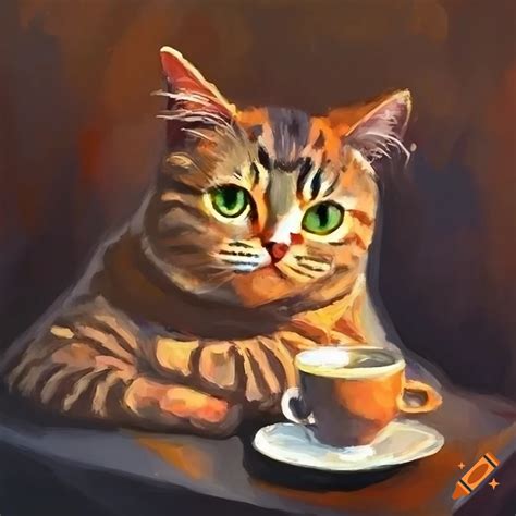 Painting of a cat enjoying coffee