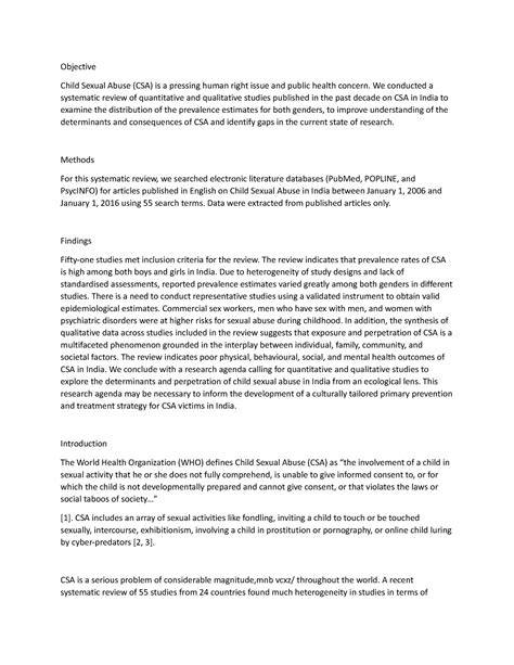 Child Sexual Abuses IN India - Objective Child Sexual Abuse (CSA) is a ...