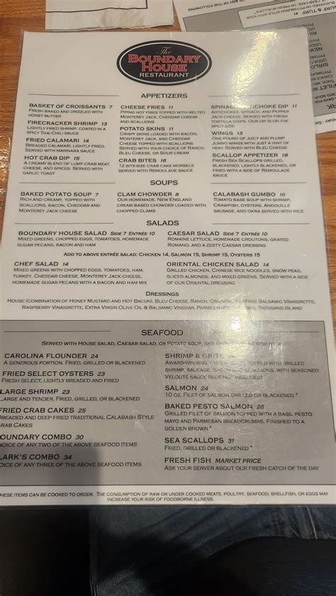 Menu at The Boundary House Restaurant, Calabash