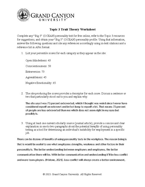 PSY 255 RS T3Trait Theory Worksheet - Topic 3 Trait Theory Worksheet ...