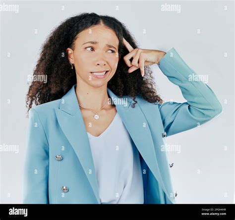 Business woman, thinking and confused in studio with face emoji for ...