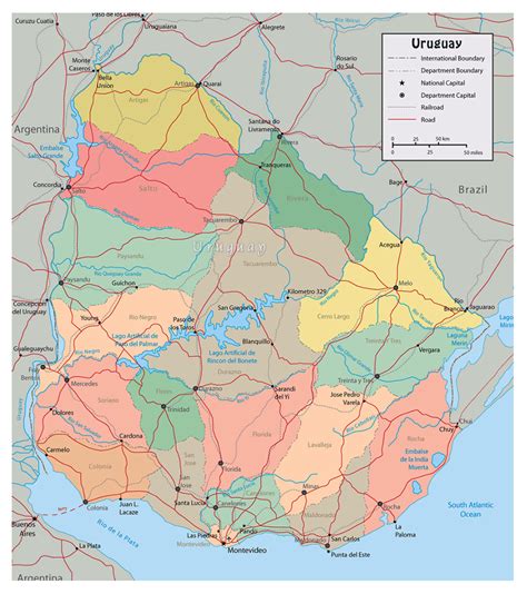 Large political and administrative map of Uruguay with roads and cities | Uruguay | South ...