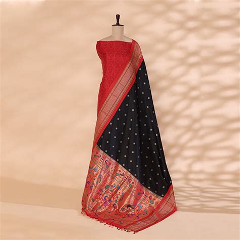 Strawberry Elegance Pure Banarasi Silk Suit with Slate Grey Paithani D ...