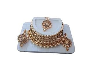 Buy Gold Tone Kundan & Pearls Choker Necklace Earring Maangtikka & Ring ...