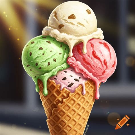 Stylized illustration of a melting ice cream cone with scoops of mint ...