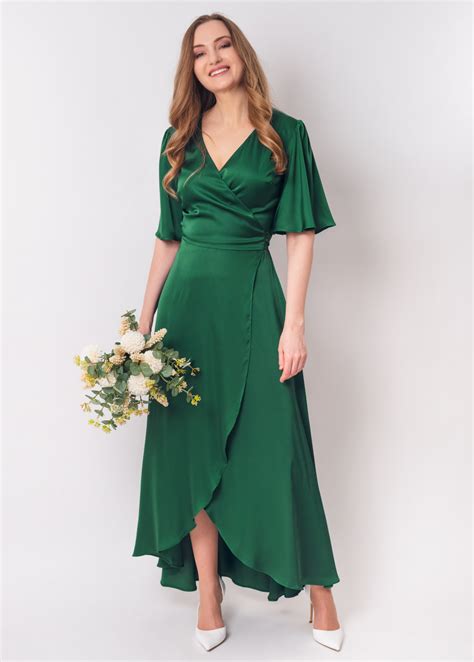 Emerald green silk satin long wrap dress, silk dress, wrap dress ...