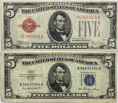 Nice Set Of Old 5 Dollar Bills Red And Blue Seal 1928-E Red | Etsy