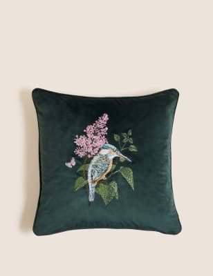 Velvet Floral Bird Embroidered Cushion