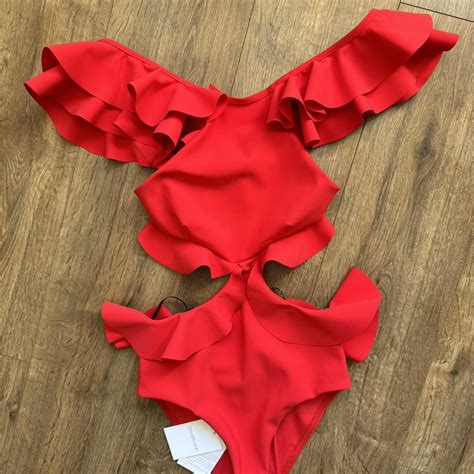 Zimmermann Red one piece swimsuit with ruffles... - Depop