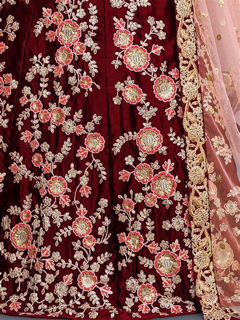 Maroon Embroidered Semi Stitched Lehenga With Unstitched Blo