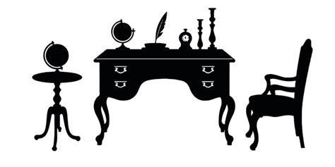 A vintage office desk setup with globe candlesticks books and quill in ...