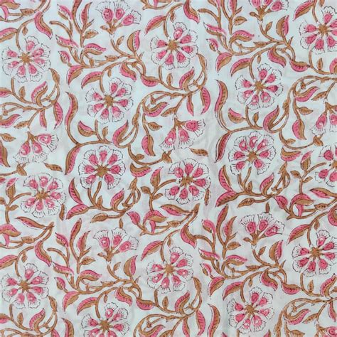 Pure Cotton Jaipuri White With Pink Brown Jaal Hand Block Print Fabric ...