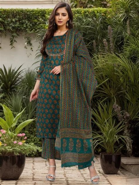 Buy Teal Green Rayon Blend Straight Suit Set | Vaamsi