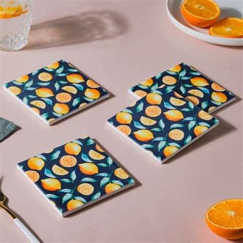 Zesty Orange Square Matte Ceramic Coaster Set Of 4 Online - Premium ...