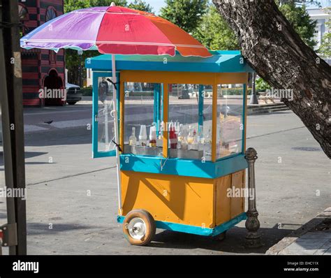 Colorful snow cone stand on street in Ponce, Puerto Puerto Rico. No one ...