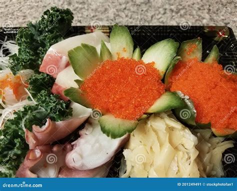 Orange Fish Eggs and Sushi in Container Stock Image - Image of seafood ...