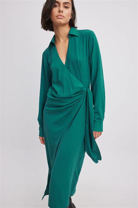Ribbed Wrap Belted Midi Dress Green | NA-KD