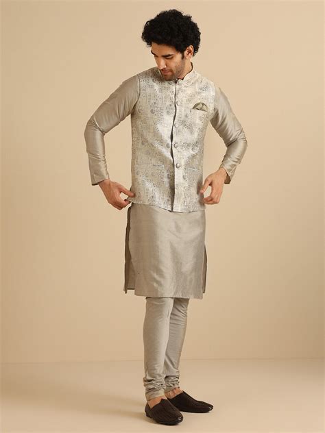 Grey Jacquard Nehru Jacket Kurta Set – Kisah