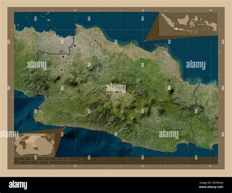 Jawa Barat, province of Indonesia. Low resolution satellite map. Locations of major cities of ...