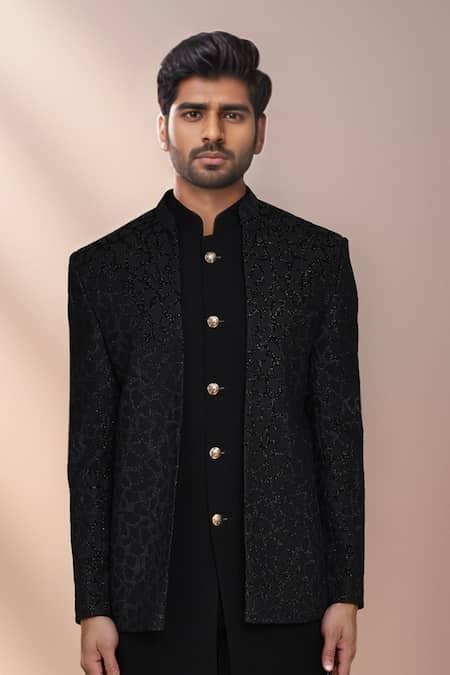 Buy Black Jacquard, Terrycloth Geometric Woven Bandhgala Set For Men by ...