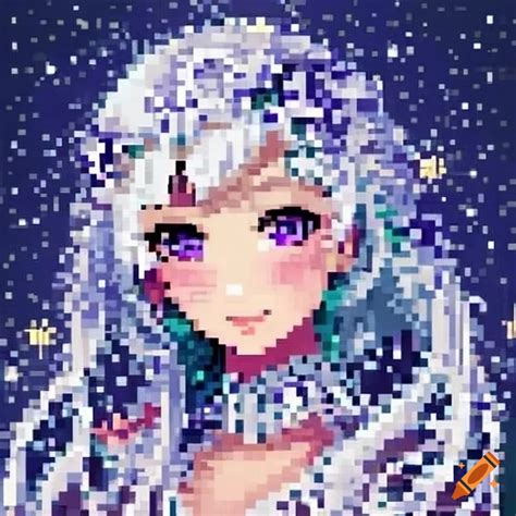 Pixel anime girl, white hair, blushes, hair ornament, violet eyes ...