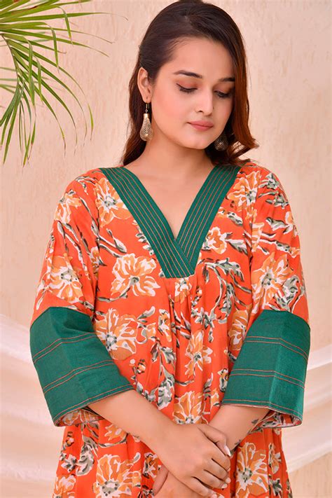 Tangerine Floral Block Print Kaftan Style Nighty Dress – thesaffronsaga
