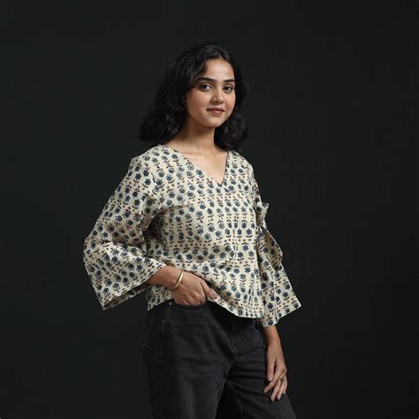 Beige Hand Block Print Cotton Natural Dyed Ajrakh Crop Top