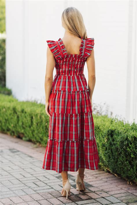 J. Marie Noelle Ruffle Strap Midi Dress in Red Mini Gingham – THE LUCKY KNOT