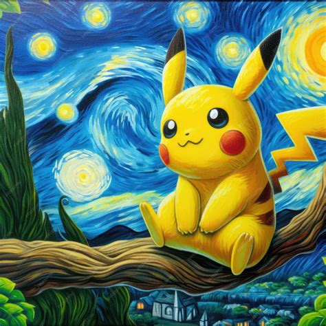 Premium Photo | Painting of a Pikachu in a Van Gogh style sitting on a ...