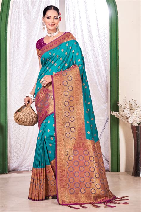 Buy Teal Blue Banarasi Saree 87595 Online | Karagiri