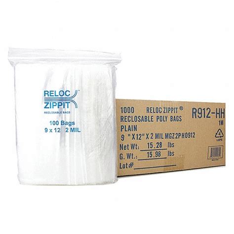 RELOC ZIPPIT, 2 mil Thick, 9 in Wd, Reclosable Bag - 227X29|R912-HH ...