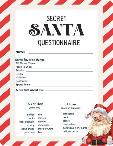 Secret Santa Questionnaire Free Printable - Printable Yearly Calendar