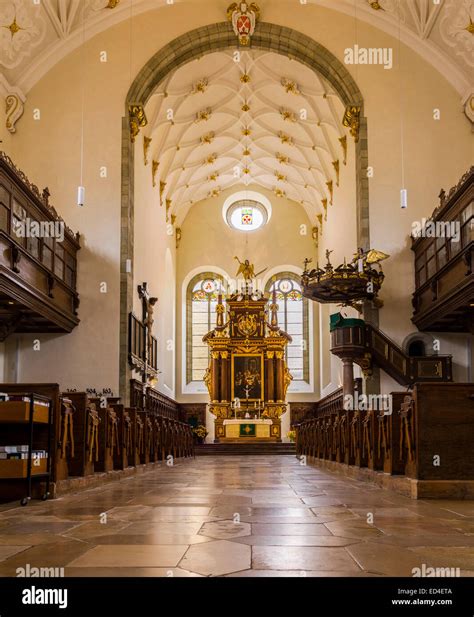 Interior and altar of Trinity Evangelical Lutheran church in the ...