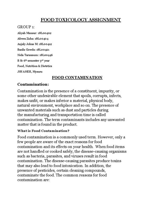 Unit 1 foodcontamination( assignm) - FOOD TOXICOLOGY ASSIGNMENT GROUP 1 ...