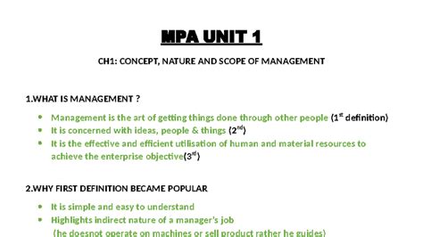 MPA UNIT 1: Concepts, Nature, and Scope of Management Notes - Studocu