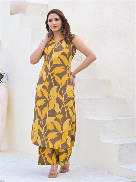 Straight Style Cotton Fabric Yellow Color Kurta And Bottom – Trendphoria