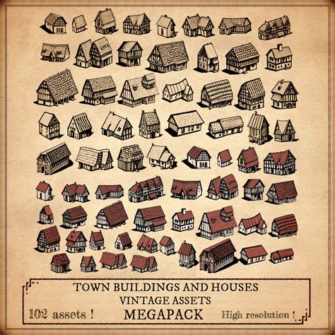 Town Buildings & Houses Vintage Assets Pack for fantasy map
