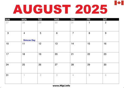 August 2025 Calendar Printable Canada