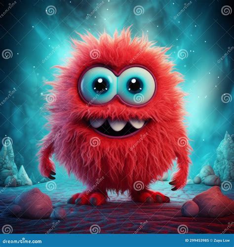 A Red Funny Fuzzy Furry Cartoon Monster Character with Big Eyes and Big ...