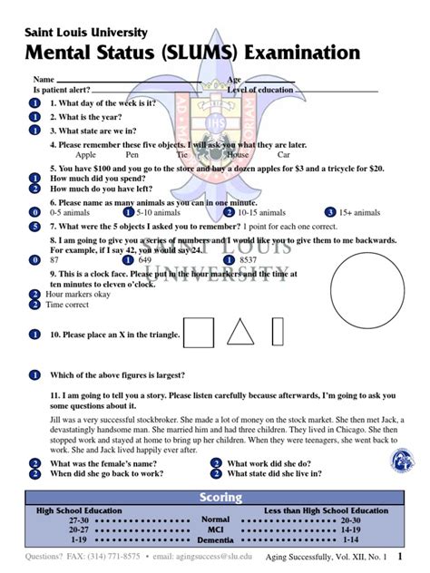 Mental Status (SLUMS) Examination: Saint Louis University | PDF