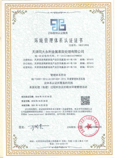 ISO14001环境管理体系认证证书-天津同大永利金属表面处理有限公司