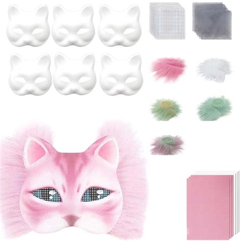 6PCS DIY Cat Therian Blank Mask Kit with Eye Meshes Fur Fabric Felt ...