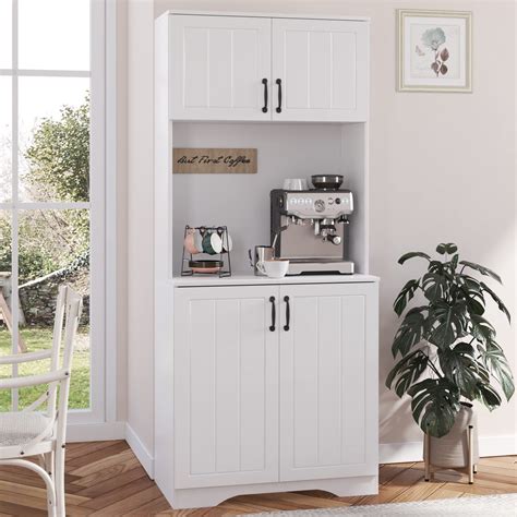 Buy White Storage Cabinet with Microwave Shelf, Modern Kitchen Pantry ...
