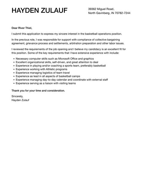 Basketball Operations Cover Letter | Velvet Jobs