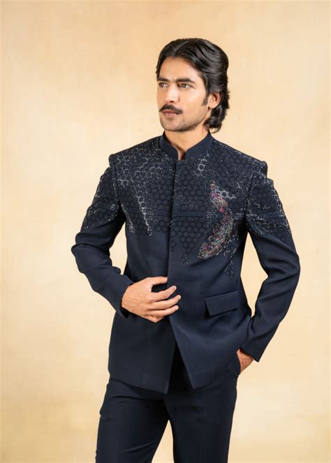 blue bandhgala with crystal and thread work – Bonsoir