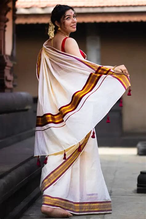 White Kerala Kasavu Cotton Saree with Maroon Border - I Love Sarees