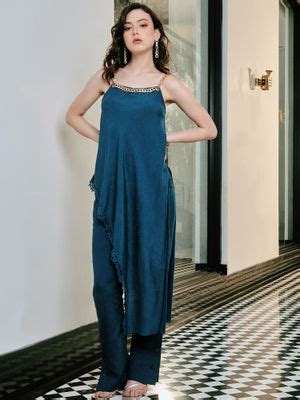 Buy IKI CHIC Teal Asymmetric Chain Strapped Top with High Waisted Pants ...