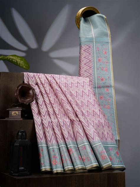 Tusser Silk Saree with Floral Print Border- Light Pink – Sirimalle